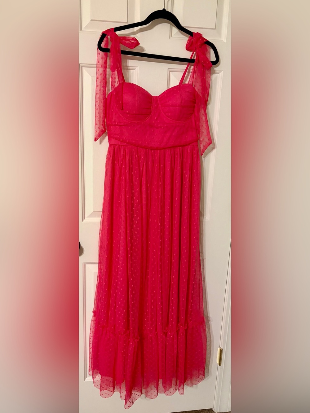 Boutique XL Hot Pink Swiss Dot Maxi Dress Tie Strap Sweetheart NWOT